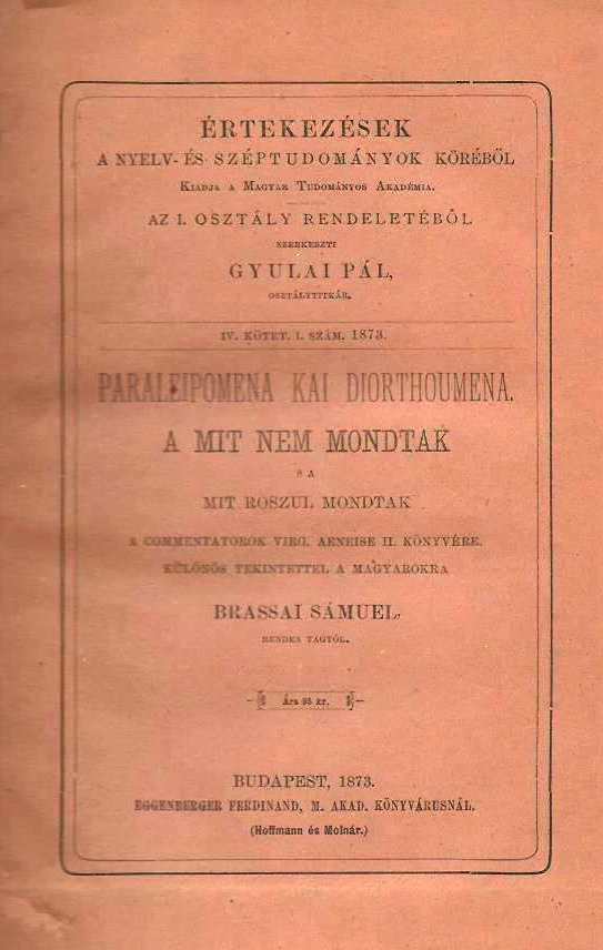 Brassai Sámuel: Paraleipomena kai diorthumena