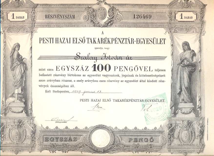 részvény Pesti Hazai Első Takarépénztár 
