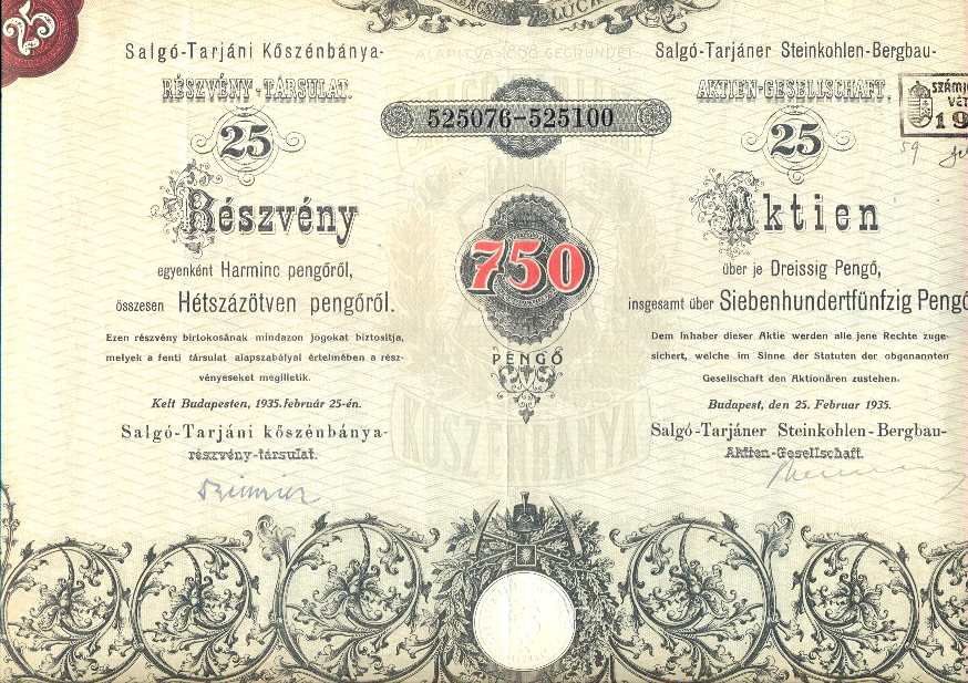 Salgó-Tarjáni Kőszénbánya 25 részvény