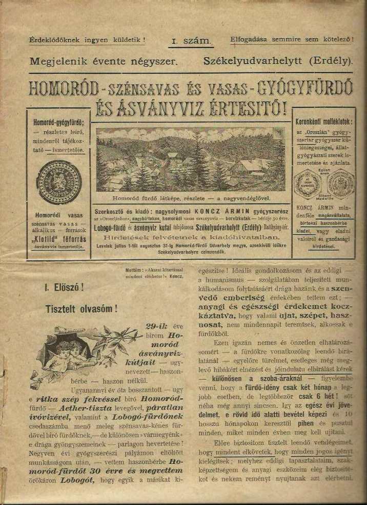 Koncz Ármin: Homoród gyógyfürdő és ásványvíz értesítő