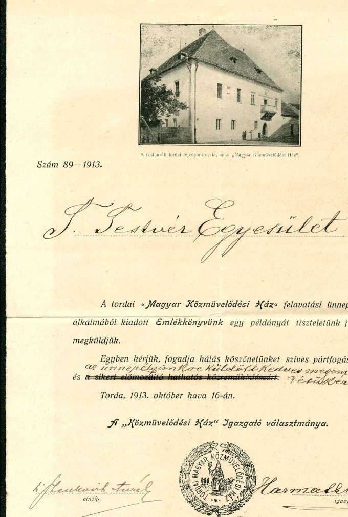 A tordai "Magyar Közművelődési Ház" nyomtatványa