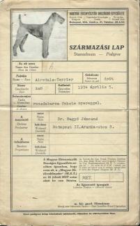 Kutya Származási lap 1934